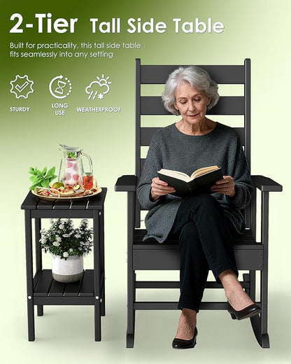 GREENVINES Tall-Outdoor-Side-Table | 23.5" | HDPE Plastic | Patio Adirondack End Tables | All Weather | 2-Tier | Black | for Porch Garden Indoor & Rocking Chairs