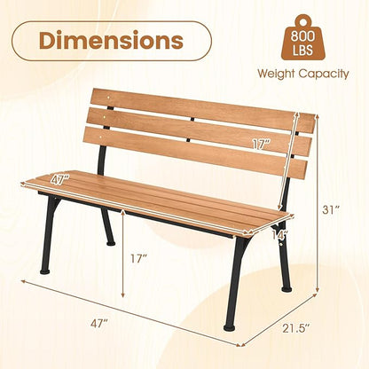 HAPPYGRILL Outdoor Acacia Wood Bench, 2-Person Park Bench with Metal Frame, Slatted Seat and Backrest, Patio Loveseat for Front Porch, Backyard, Garden