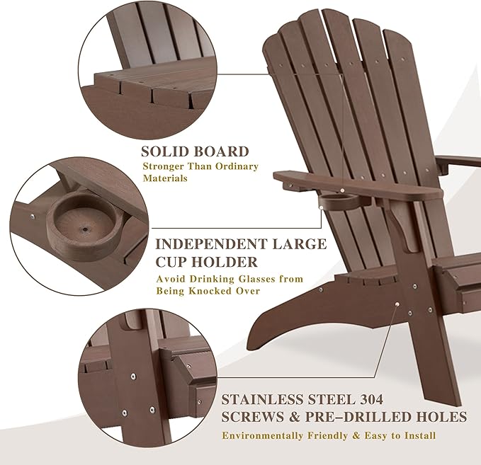 Psilvam Adirondack Chair, Oversized Poly Lumber Fire Pit Chair with Cup Holder, 350Lbs Support Patio Chairs for Garden, Weather Resistant Outdoors Seating, Relaxing Gift for Father & Mother (4, Brown)