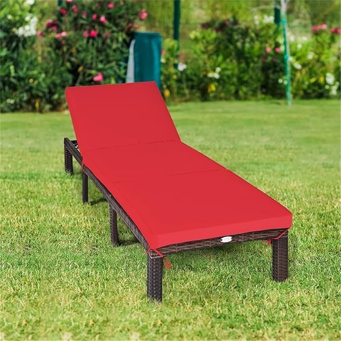 Pemberly Row Outdoor Lounge Chair, Steel and PE Rattan, Adjustable Reclining, Removable Cushion, Red, 77.5 x 26 Inch, Weather-Resistant Patio Furniture for Porch, Poolside, or Seaside Relaxation