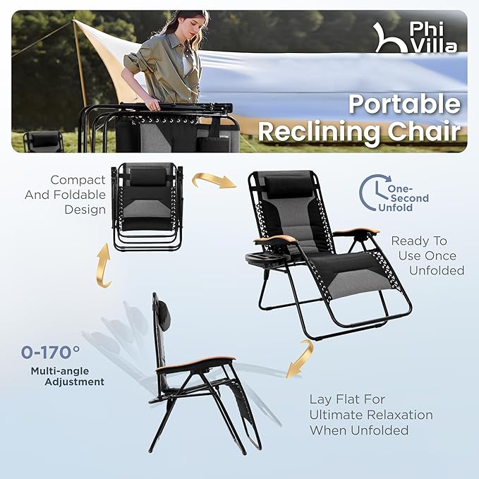 PHI VILLA XXL Oversized Padded Zero Gravity Chair, Foldable Patio Recliner - Photo 9