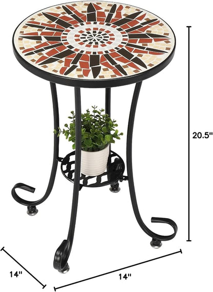 VINGLI Mosaic Outdoor Side Table, 14" Round End Table, Accent Table, Ceramic Tile Top Black Iron,Brown Flower