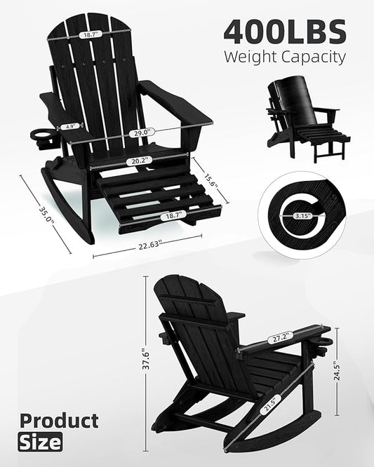 Folding Adirondack Rocking Chair,4-in-1 Multifunctional Patio Chair with Retractable Ottoman, Outdoor Chair Wood Texture, Lawn Chair for Porch, Backyard, Pool(Black)