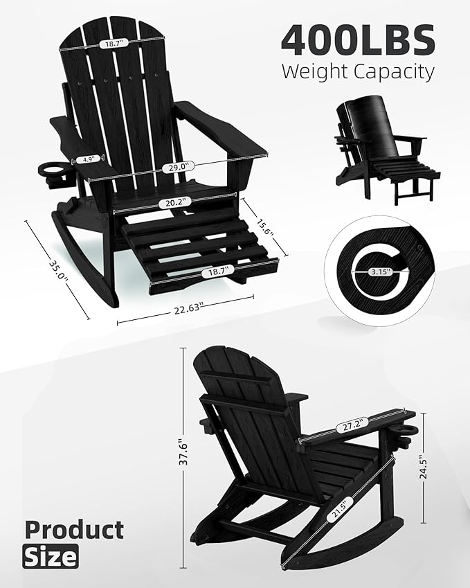 Folding Adirondack Rocking Chair Set of 2,4-in-1 Multifunctional Patio Chairs with Retractable Ottoman, Outdoor Chairs Wood Texture, Lawn Chair for Porch, Backyard, Pool(Black)