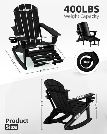 Folding Adirondack Rocking Chair Set of 4,4-in-1 Multifunctional Patio Chairs with Retractable Ottoman, Outdoor Chairs Wood Texture, Lawn Chair for Porch, Backyard, Pool(Black)