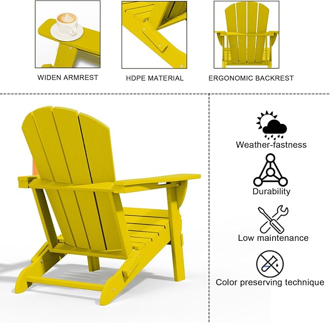 Folding Adirondack Chair with Cup Holders Set of 2, HDPE Plastic Outdoor Chairs, Weather Resistant - Photo 5
