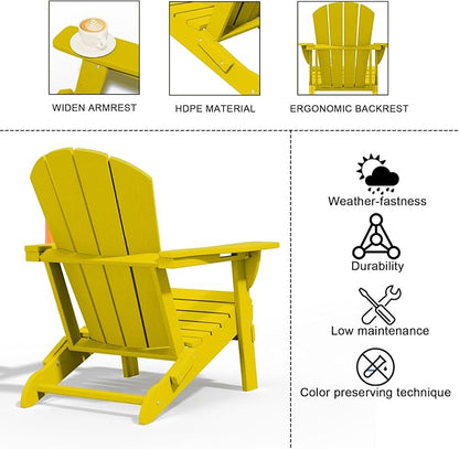 Folding Adirondack Chairs with Cup Holders, Set of 6 HDPE Plastic Outdoor Chairs, Weather Resistant, Real Wood Look, Heavy-Duty Patio Furniture for Deck, Fire Pit, Backyard, Yellow