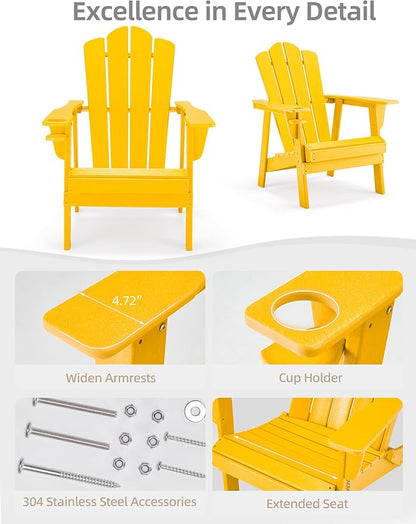 Adirondack Chair - Durable HDPE Poly Lumber All-Weather Resistant, Oversized Balcony Porch Patio Outdoor Chair for Lawn, Backyard, Deck, Garden, Camping - Easy Installation, Yellow