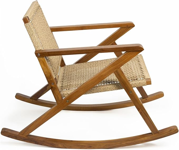 TeakCraft Teak Rocking Chair with Rattan Seat for Adults, Indoor & Outdoor Rocking Chair, Accent Chair, Durable for Patio, Porch, Garden, Living Room, Nursery, Balcony, All Season, The Alinda