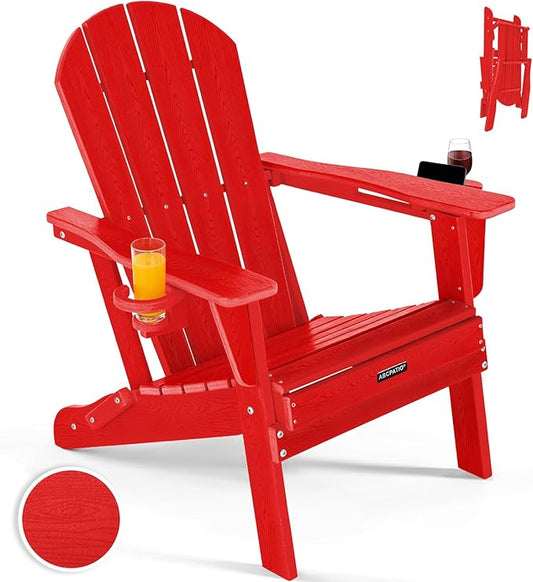 Folding Adirondack Chair with Dual Cup Holders, All-Weather HDPE Patio Chair Deck Chairs Outdoor, Fire Pit Chairs for Garden, Lawn, Poolside, Backyard, Pool - Red (Wood-Look)