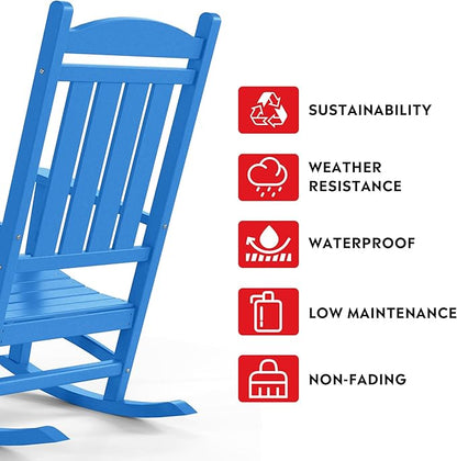 Costaelm Oversized Outdoor Rocking Chair, High Back Porch Rocker Chair, HDPE All Weather Resistant Outdoor Seating Furniture Wide Rocker Chair for Patio, Lawn, Garden, Pacific Blue