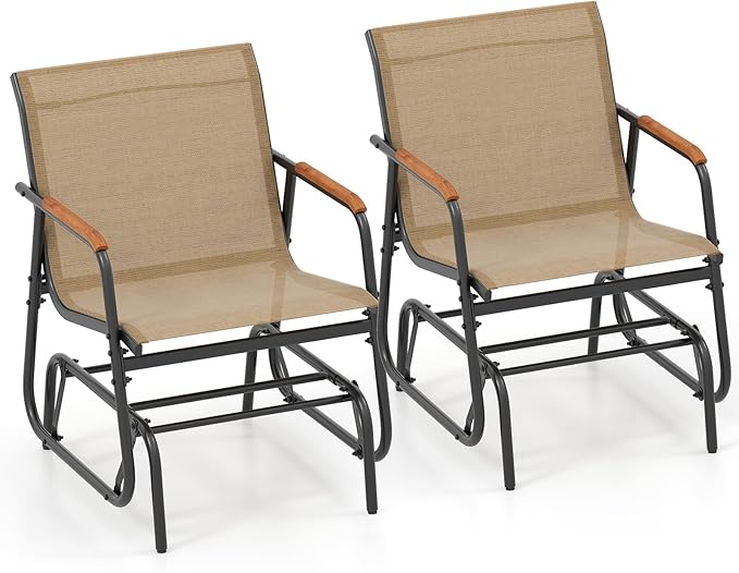 Giantex Outdoor Glider, Swing Rocking Chair with Breathable Fabric Seat, Curved Teak Wood Armrests and Metal Frame, Gliding Armchair, Patio Glider for Backyard, Garden, Porch, Balcony (2)