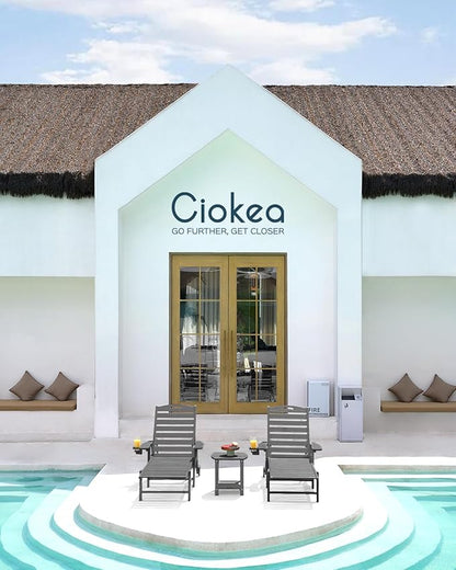 Ciokea Lounge Chair Outdoor, Oversized Chaise Lounge Chair with 5 Positions, HDPE, Patio Lounge Chair with Wheels & Cup Holder for Pool, Deck, Poolside, Dark Grey