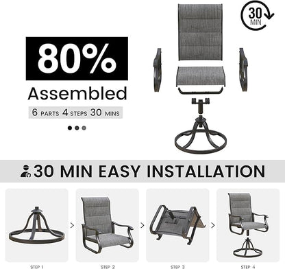 Patio Swivel Chairs Set of 6, Outdoor Dining Chairs with High Back, All-Weather Swivel Rocker Chair for Lawn, Porch or Garden (Padded Dark Grey)
