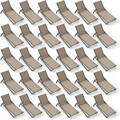 Outdoor Chaise Lounge Chair Set of 30, 5-Position Adjustable Patio Lounge Chair with Aluminum Frame, Textilene Fabric Pool Loung Chairs for Poolside, Deck, Backyard (Khaki)