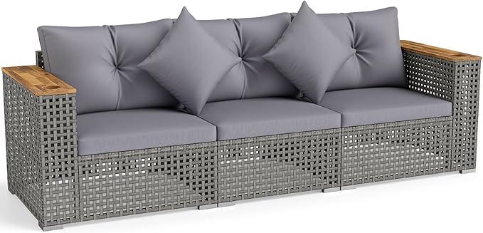 Tangkula 86.5" Large 3-Seat Patio Wicker Sofa, 3 Pieces PE Rattan Sectional Furniture Set with Cup Holders & Wood Armrest, Outdoor Couch Set with Armless & 2 Corner Sofas for Garden, Yard, Porch, Grey