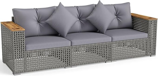 Tangkula 86.5" Large 3-Seat Patio Wicker Sofa, 3 Pieces PE Rattan Sectional Furniture Set with Cup Holders & Wood Armrest, Outdoor Couch Set with Armless & 2 Corner Sofas for Garden, Yard, Porch, Grey