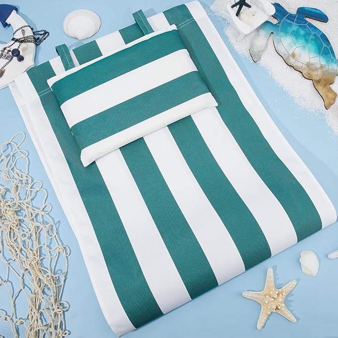GORGECRAFT Beach Sling Chair Canvas Cloth with Pillow 44x17 Green and White Stripes Casual Lounge Chair Replacement Canvas Outdoor Folding Chair Fabric for Patio Beach Sunbathing Garden Courtyard