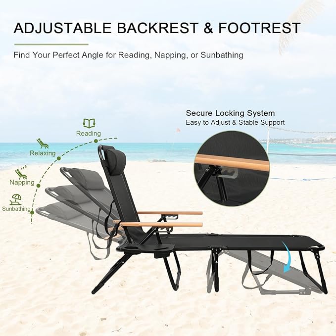 Folding Lounge Chairs for Outside, Beach Patio Lounge Chair with Canopy, Sunbathing/Tanning Chair with 4 Adjustable Backrest & Cup & Pillow,Holds 330 Lb, Outdoor Garden Pool