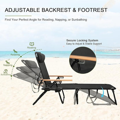 Folding Lounge Chairs for Outside, Beach Patio Lounge Chair with Canopy, Sunbathing/Tanning Chair with 4 Adjustable Backrest & Cup & Pillow,Holds 330 Lb, Outdoor Garden Pool