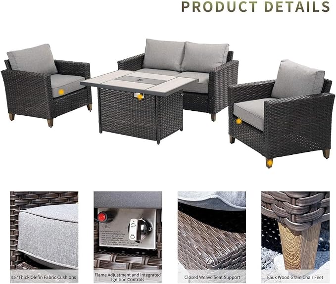 Grand patio Sofa Sets 5PCS, Patio Furniture with Fire Pit Table, Luxury Wicker, Brown
