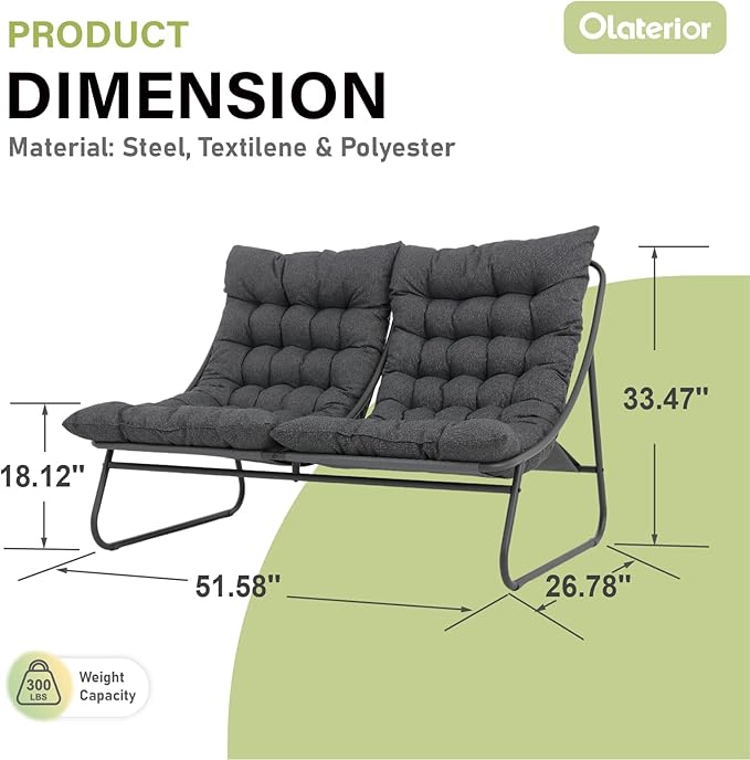 Patio Loveseat, Outdoor Double Chair, Oversized Padded Comfy Outdoor Love Seat, 2 Seater Couch with Cushion, All-Weather Patio Conversation Furniture for Porch Balcony Poolside, Dark Grey