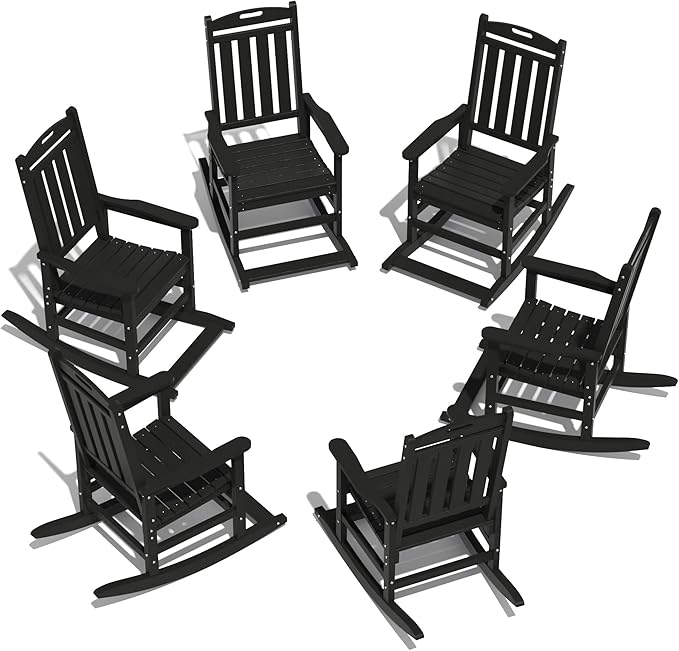 LOUNZY Outdoor Rocking Chair with Footboards Set of 6, HDPE Rocking Chair Patio Porch Rocker with 380lbs Support for Adult, Black