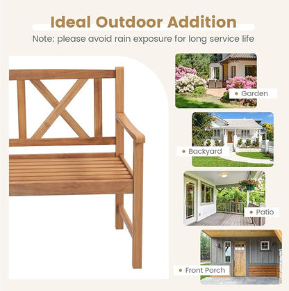 Wooden Outdoor Bench, 47.5” Rustic Acacia Wood Bench, Outside Garden Bench w/High Back & Armrest, 2-Person Loveseat Patio Bench for Front Porch Backyard Park, Teak Finish (Cross)