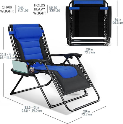 Nestl Outdoor Padded Zero Gravity Chair, Patio Lounge Chair Outdoor Recliner, Oversized Anti Gravity Lounger with Adjustable Headrest and Cup Holder, Foldable for Camping, Yard - Black/Blue