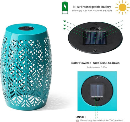 Glitzhome 18.25" H Outdoor Side Table with Leaf Pattern Solar Powered Light, Iron Cutout Drum Garden Stool Solar Decorative Lanterns, Metal End Table Plant Stand for Indoor Outdoor, Blue