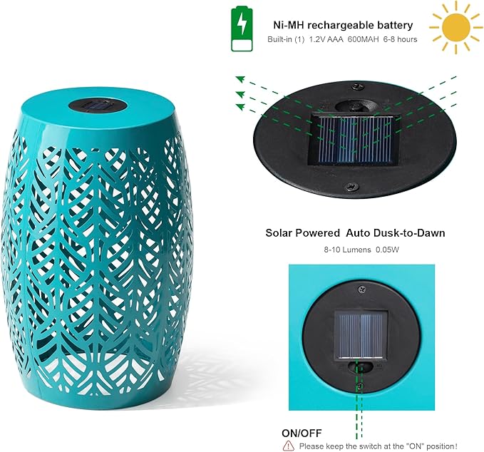 Glitzhome Set of 2 Outdoor Side Table with Leaf Pattern Solar Powered Light, 18.25" H Iron Cutout Drum Garden Stool Solar Decorative Lanterns, Metal End Table Plant Stand for Indoor Outdoor, Blue