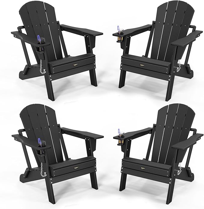 VINGLI Plastic Adirondack Chairs Set of 4, Folding with Cup Holder, Waterproof HDPE Material, Comfortable 380lb Weight Capacity for Outdoor Pool Patio Lounge Chair Lawn Furniture Firepit (Black)