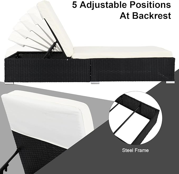 VINGLI Outdoor Chaise Lounge Chair Set with Side Table, Pool Lounge Chair with Adjustable Backrest,Waterproof Black Rattan Recliners Outside Patio Lounger Furniture