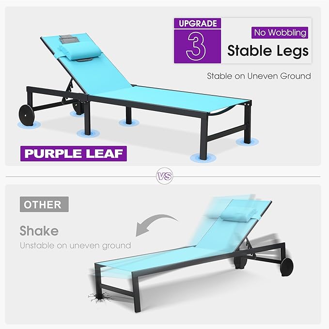 PURPLE LEAF Outdoor Tanning Lounge Chair Set with Face Hole Aluminum Adjustable Chairs Wheels Pillows and Table for Poolside Beach Patio Reclining Sunbathing Lounger Blue