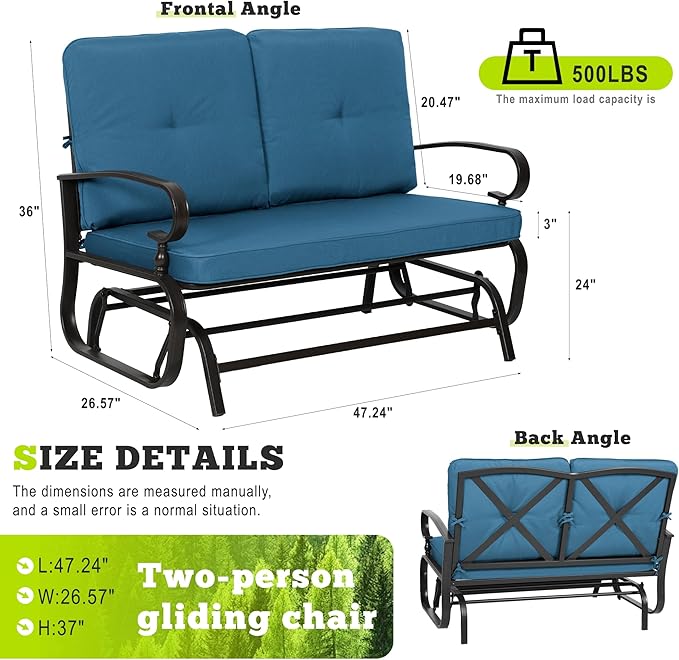 SUNCROWN Outdoor Swing Glider Chair, Patio 2 Seats Loveseat Rocking Chair with Cushions - Photo 2
