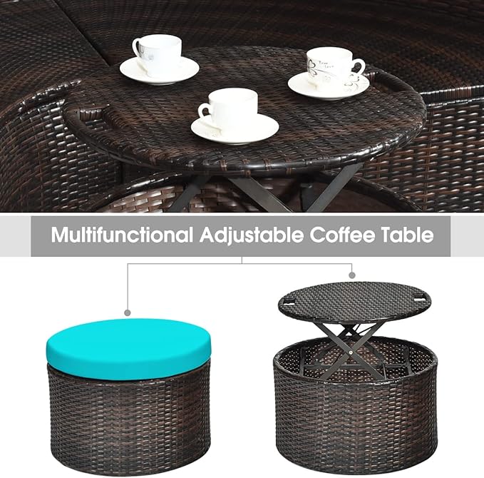 HAPPYGRILL Patio Round Daybed with Canopy, Outdoor Wicker Rattan Sectional Sofa with Coffee Table, Cushions - Photo 7