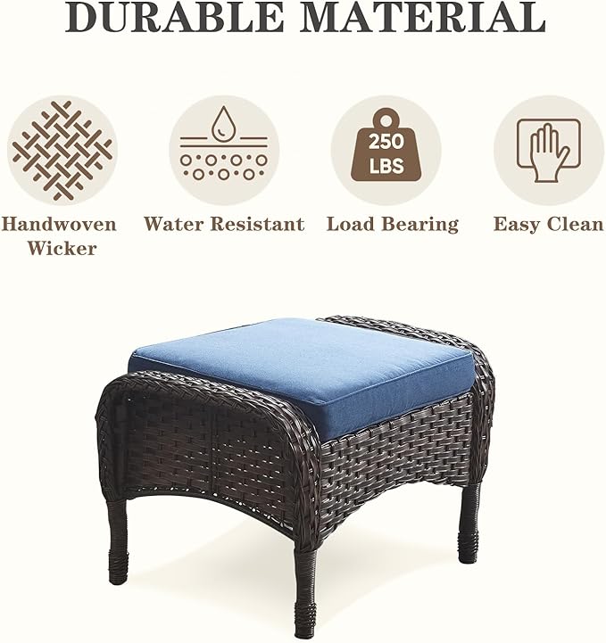 Belord 6 Pieces Outdoor Patio Furniture Set with Wicker Rocking Chairs, Rattan Patio Conversation Set with Glider Loveseat Ottomans and Side Table Brown/Blue