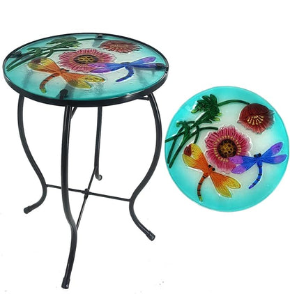 Outdoor Side Table Dragonfly Round Small Patio Accent Table Indoor End Table for Yard, Garden, Living Room, Bistro Balcony or Lawn