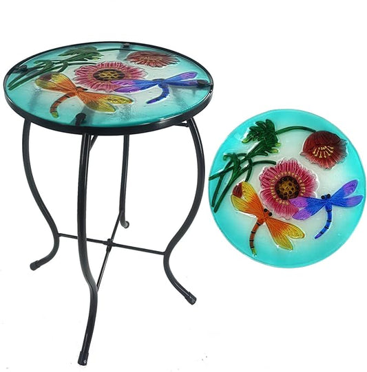 Outdoor Side Table Dragonfly Round Small Patio Accent Table Indoor End Table for Yard, Garden, Living Room, Bistro Balcony or Lawn