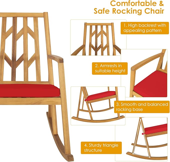 Tangkula 2 Pieces Acacia Wood Patio Rocking Chair, Outdoor Porch Rocker W/Removable High-Density Cushion, All-Weather Resistance, Perfect for Garden, Backyard, Poolside