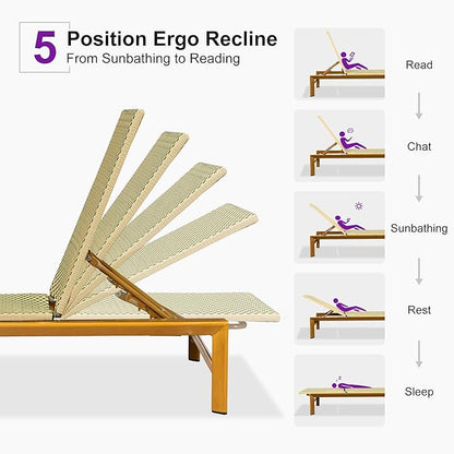 PURPLE LEAF Patio Chaise Lounge French Outdoor Lounger 1 Piece Wood-Grain Finish Aluminum Wicker Lounge Chair with Adjustable Backrest for Pool Garden Beach and Backyard Beige and Green