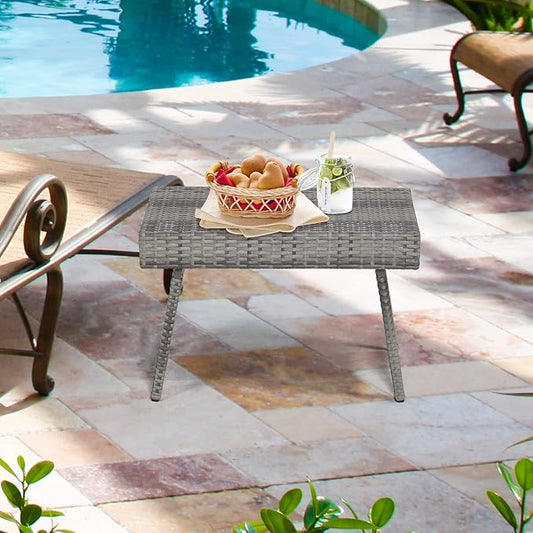 HAPPYGRILL Outdoor Wicker Table Folding Rattan Standing Coffee Side Table for Patio Lawn Bistro Poolside Garden
