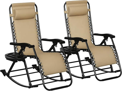 Outsunny Set of 2 Outdoor Rocking Chairs, Foldable Reclining Zero Gravity Lounge Rocker with Pillow, Cup & Phone Holder, Combo Design with Folding Legs, Beige