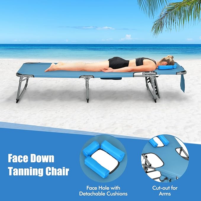 COSTWAY Folding Beach Lounge Chair, Tanning Chair with Face Hole, 5-Position Adjustable Backrest, Pillow & Side Pocket, Foldable Chaise Lounge Chair Outdoor for Sunbathing, Camping (1, Blue)