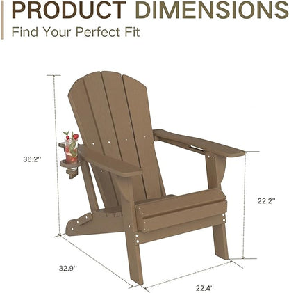 Kingdura Folding Adirondack Chairs Set of 4, Portable HDPE Outdoor Patio Chair with Wooden Textured & Cup Holder, All Weather Resistant, 380LBS Capacity for Pool, Backyard, Balcony, Fire Pit (Brown)