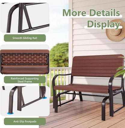 HAPPYGRILL Outdoor Swing Glider Bench, Patio Loveseat Chair with Steel Frame, Rocking Bench for Porch Deck Poolside Garden, (Brown)