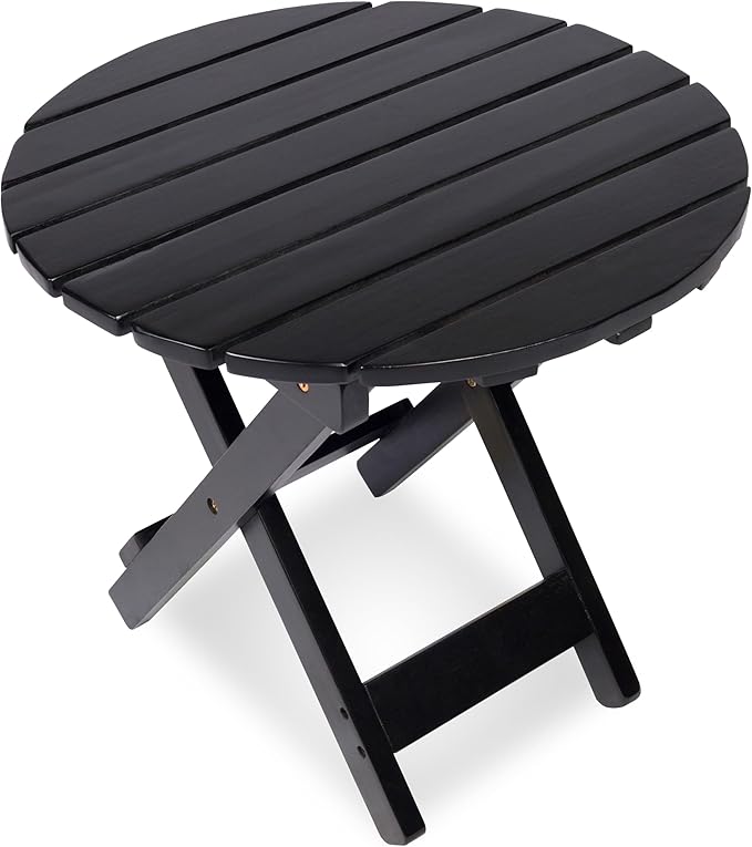 Shine Company Indoor/Outdoor Adirondack Round Folding Acacia Wooden Side Table, Black