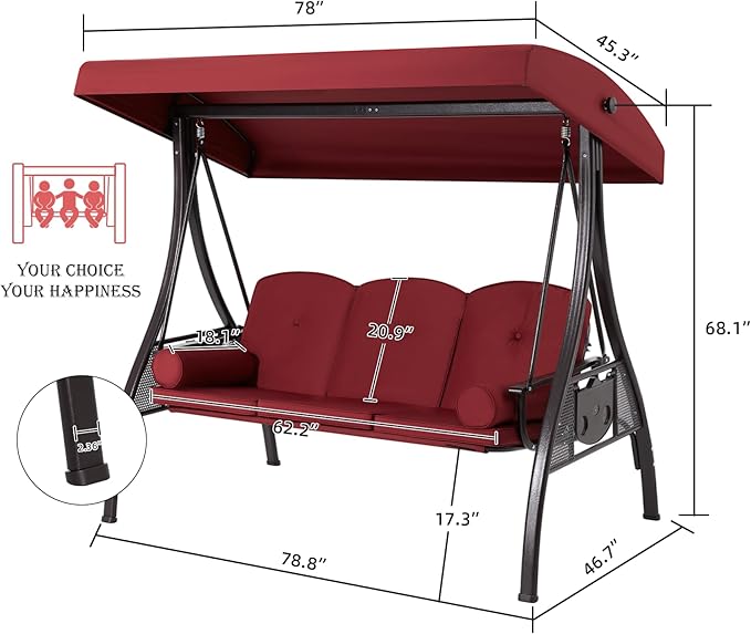 HOMREST 3 Seat Outdoor Porch Swing with 1.5" Deepened Cup Holder, Adjustable Canopy, Patio Swing Bed with Stand - Photo 7