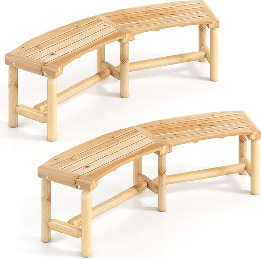 Tangkula Patio Curved Bench Set of 2, Solid Wood Fire Pit Bench for 2-3 People, Outdoor Backless Loveseat for Backyard, Garden, Poolside, 800 LBS Max Load (Natural)