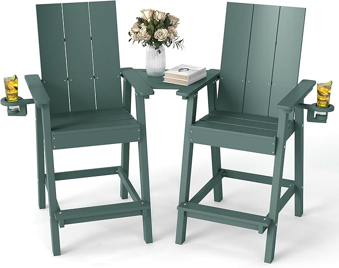 FOOWIN Tall Adirondack Chairs Set of 2,HDPE Adirondack Bar Stools with Connecting Tray & Cup Holders,Weather Resistant Balcony Chair for Outdoor Deck Lawn Pool Backyard Green